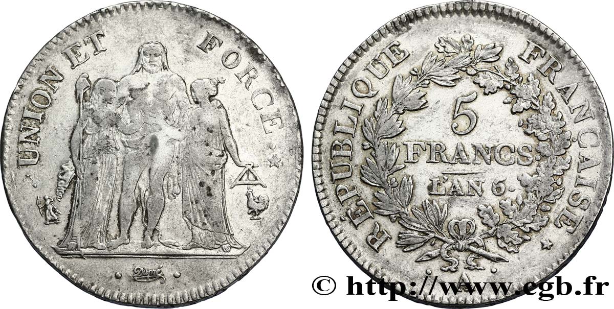 5 francs Union et Force, Union serré, avec glands intérieurs et gland extérieur 1798 Paris F.288/45 TB38 