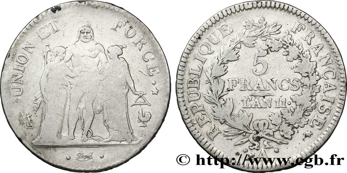 5 francs Union et Force, Union serré, seulement glands intérieurs 1803 Paris F.288/191 TB25 
