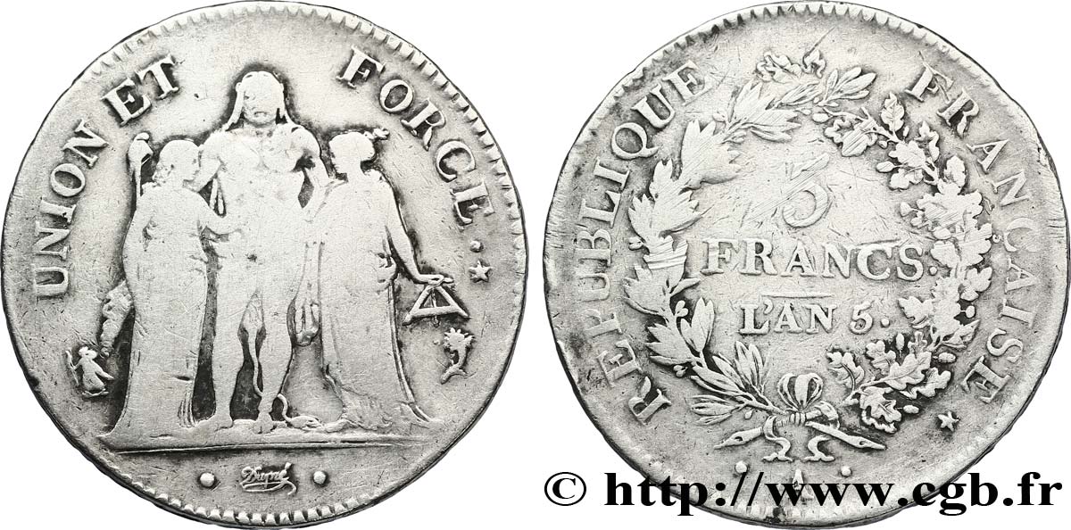 5 francs Union et Force, Union serré, avec glands intérieurs et gland extérieur 1797 Paris F.288/9 B12 