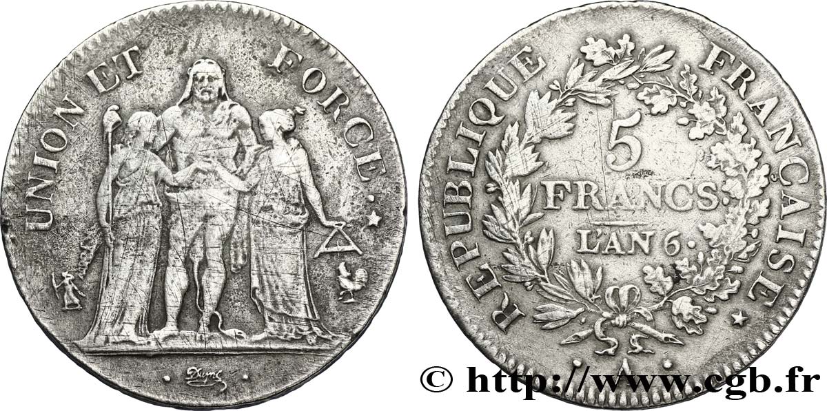 5 francs Union et Force, Union serré, avec glands intérieurs et gland extérieur 1798 Paris F.288/45 TTB40 