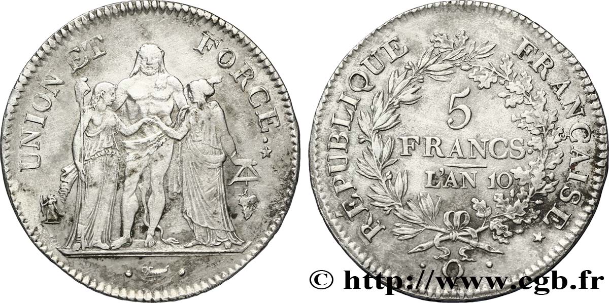 5 francs Union et Force, Union serré, avec glands intérieurs et gland extérieur 1802 Perpignan F.288/184 AU 