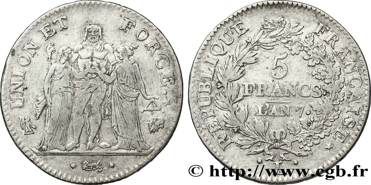 5 francs Union et Force, Union desserré, avec glands intérieurs et gland extérieur 1799 Bayonne F.291/26 TB35 