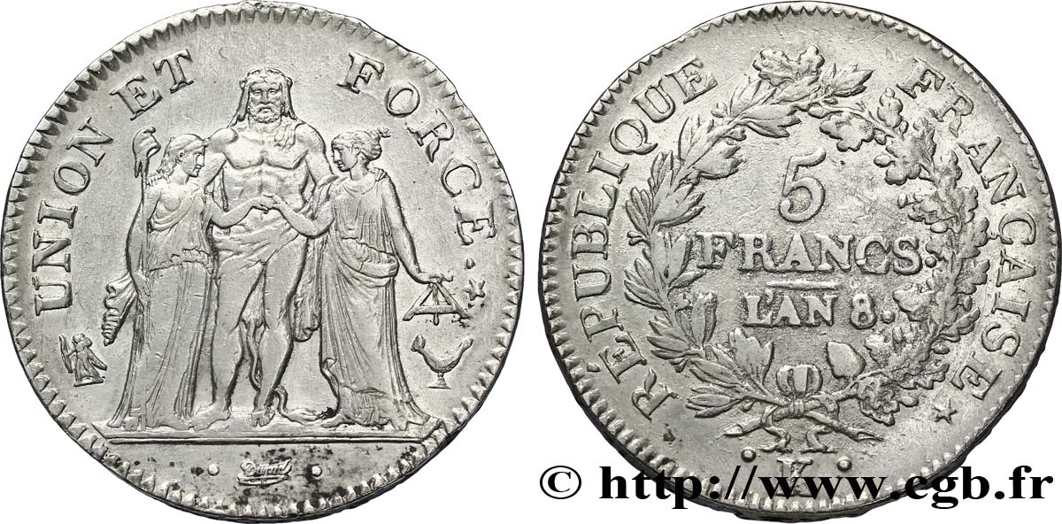 5 francs Union et Force, Union desserré, avec glands intérieurs et gland extérieur 1800 Bordeaux F.291/32 TTB48 