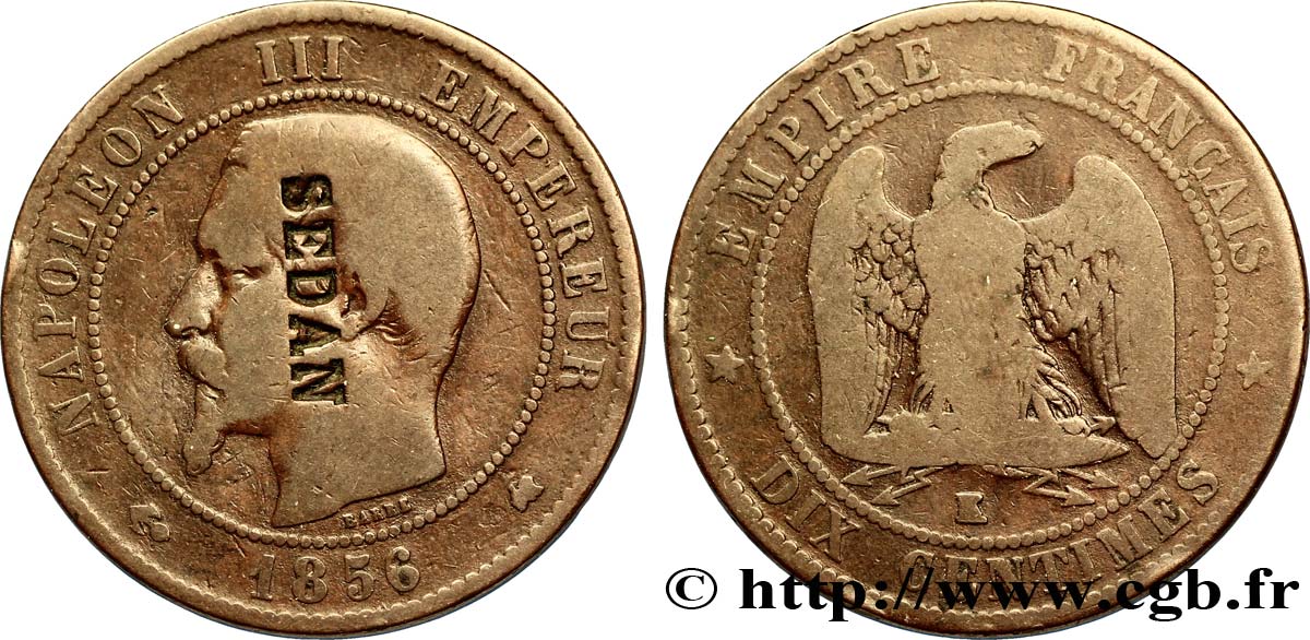 Dix centimes Napoléon III, tête nue, contremarqué SEDAN 1856 Bordeaux F.133/66 var. F12
