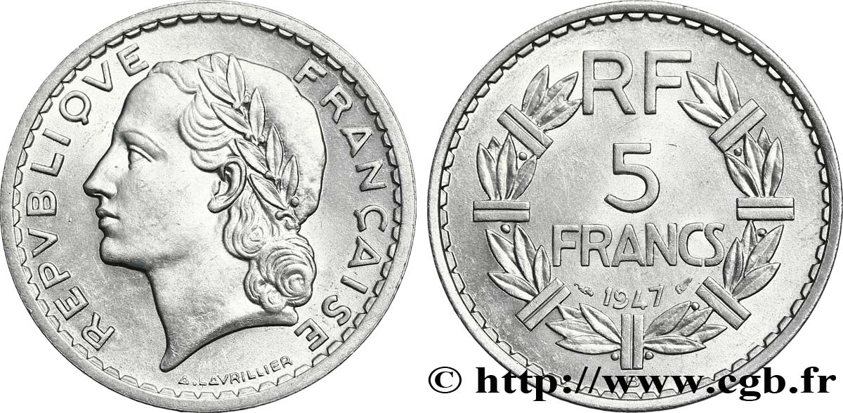 5 francs Lavrillier, aluminium 1947 Beaumont-Le-Roger F.339/11 VZ60 