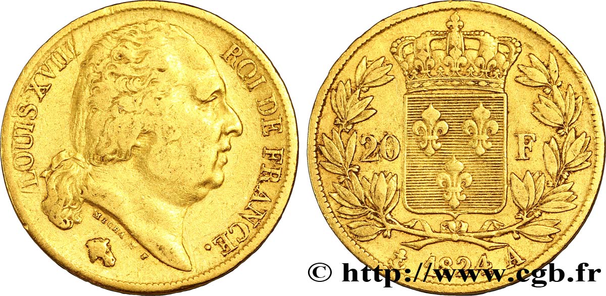 20 francs or Louis XVIII, tête nue 1824 Paris F.519/31 TTB40