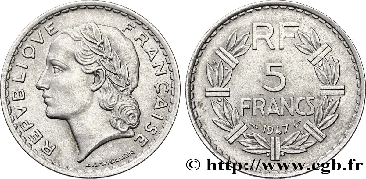 5 francs Lavrillier, aluminium 1947 F.339/9 AU58