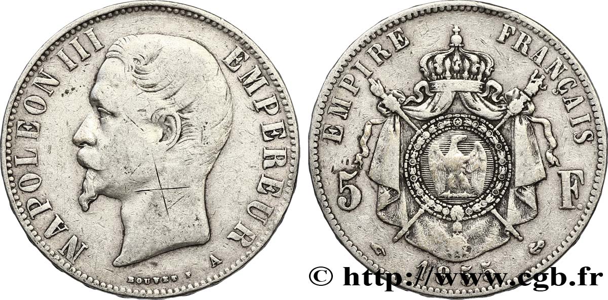 5 francs Napoléon III, tête nue 1855 Paris F.330/3 TB20
