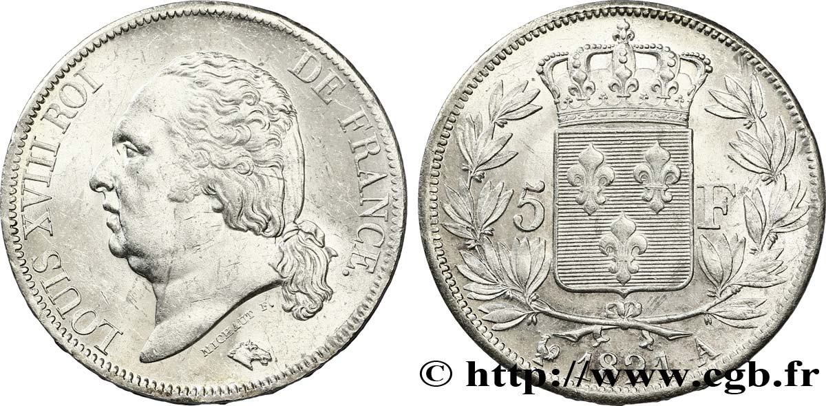 5 francs Louis XVIII, tête nue 1821 Paris F.309/60 SUP58