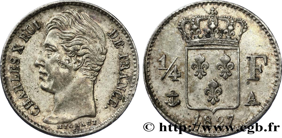 1/4 franc Charles X 1827 Paris F.164/10 AU50