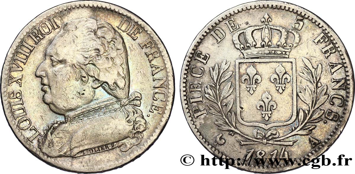 5 francs Louis XVIII, buste habillé 1814 Paris F.308/1 TTB40