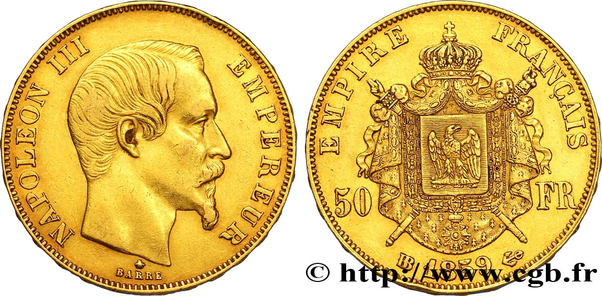 50 francs or Napoléon III, tête nue 1859 Strasbourg F.547/8 XF48