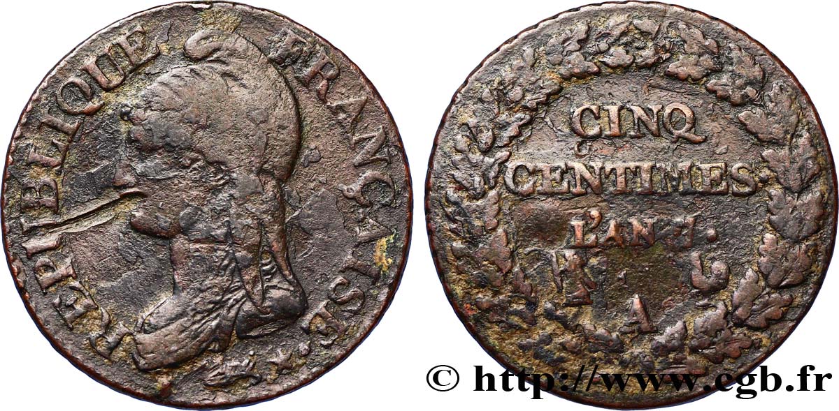 Cinq centimes Dupré, grand module 1799 Paris F.115/46 TB+
