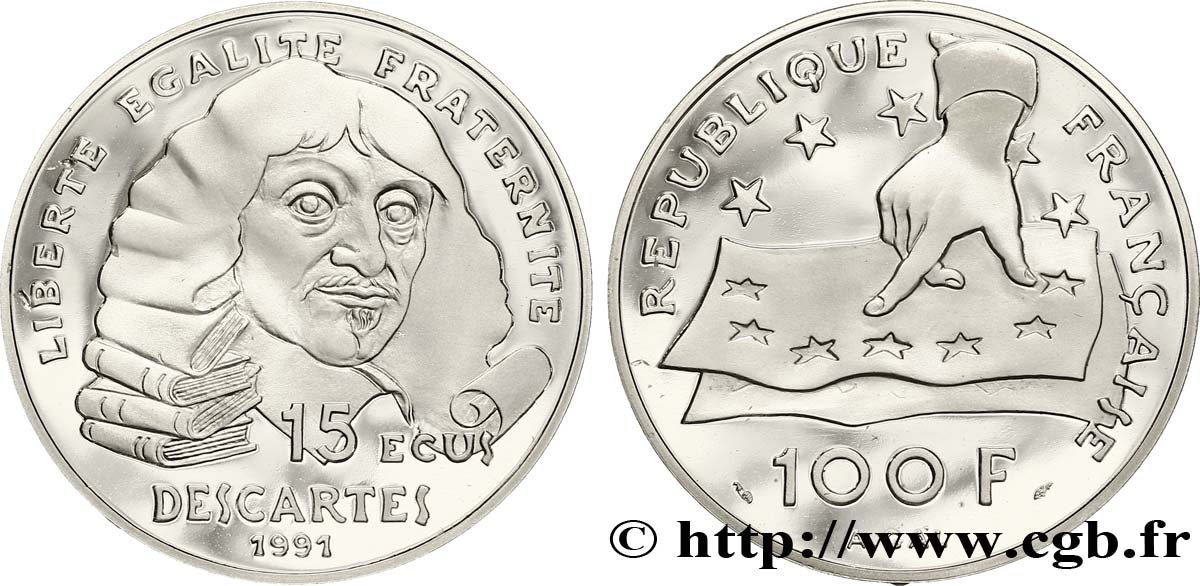 Belle Épreuve 15 écus / 100 francs Descartes 1991 Paris F.459/2 var. FDC69
