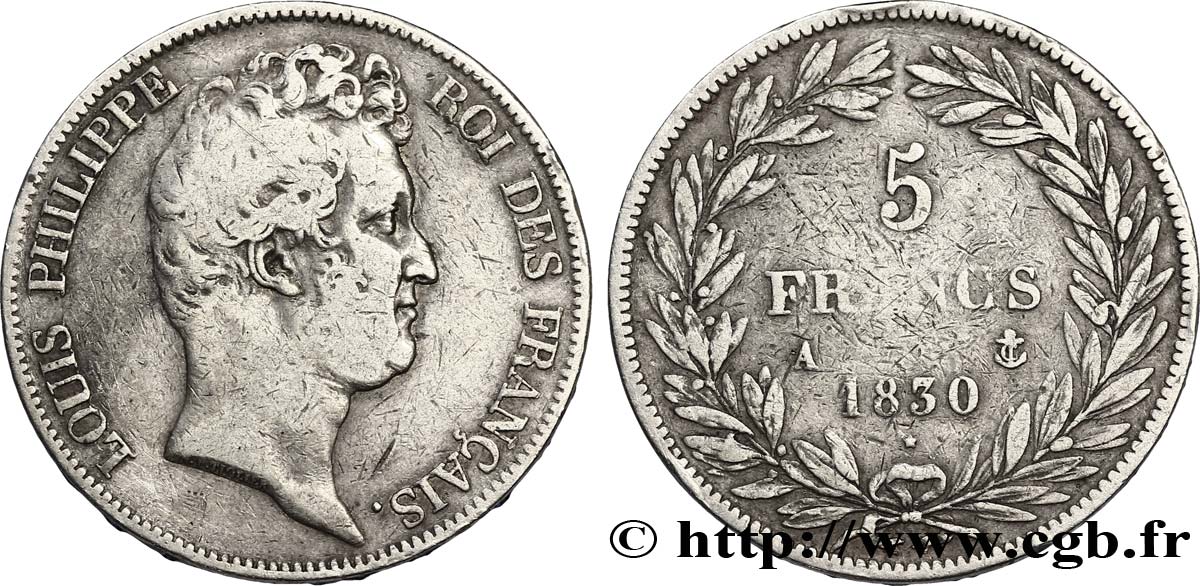 5 francs type Tiolier sans le I, tranche en creux 1830 Paris F.313/1 TB28
