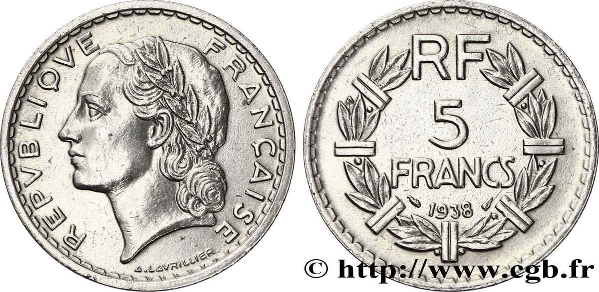 5 francs Lavrillier, nickel 1938 F.336/7 TTB+
