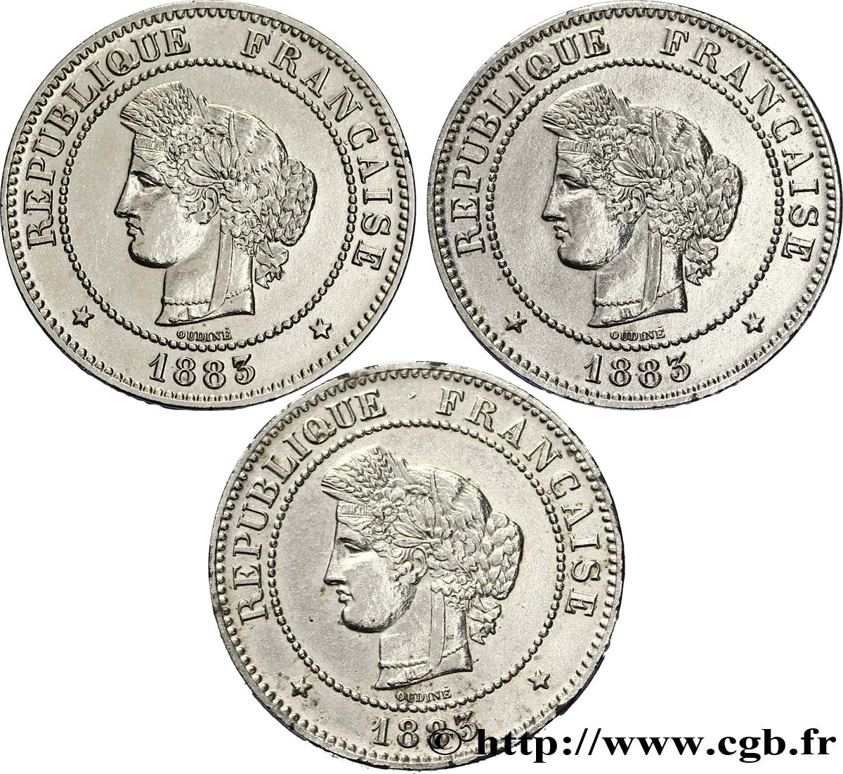 Lot de trois pièces de 5 centimes Cérès 1883 Paris F.118/24 TTB50