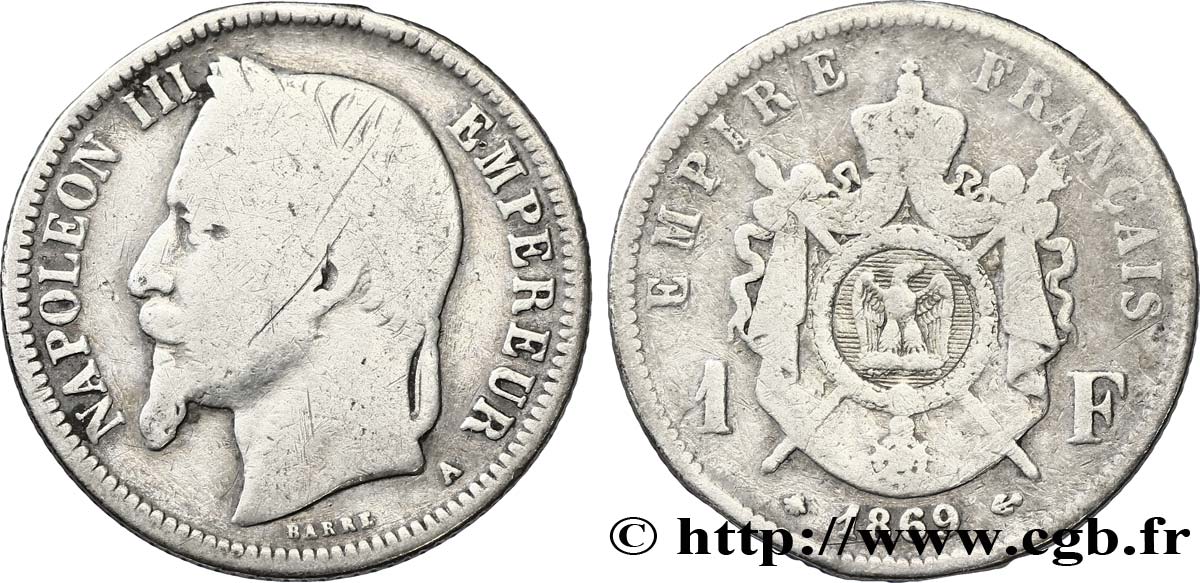 1 franc Napoléon III, tête laurée 1869 Paris F.215/14 B12