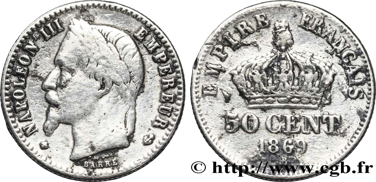 50 centimes Napoléon III, tête laurée 1869 Strasbourg F.188/23 TB20 