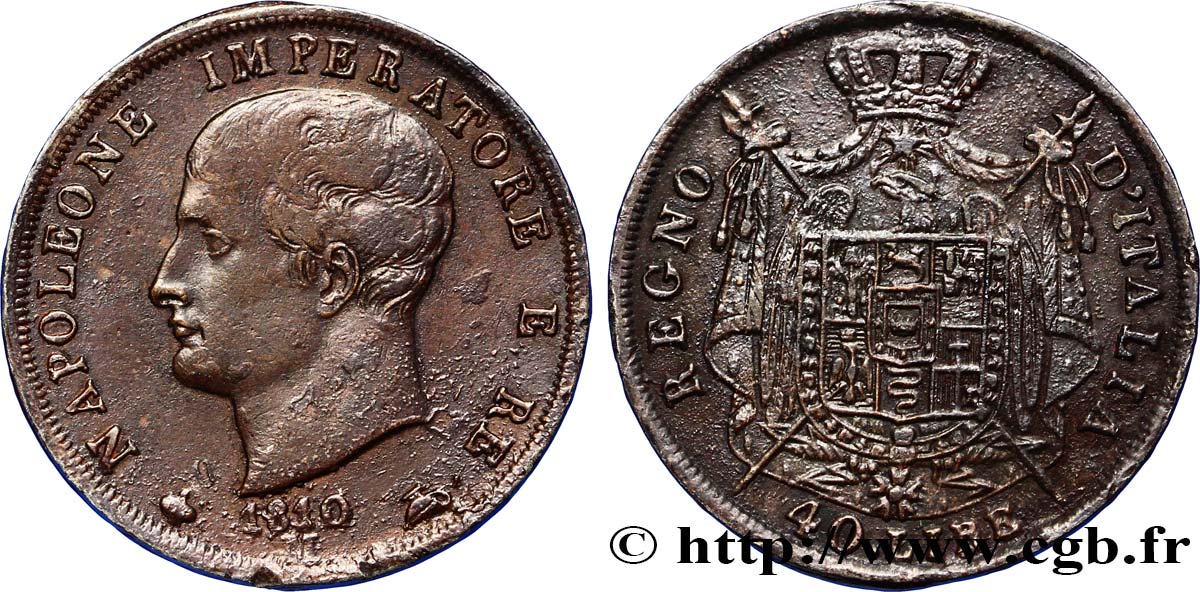 Faux de 40 lire or Napoléon Empereur et Roi d’Italie, 2e type, tranche en creux 1810 Milan M.196  var. SS48 