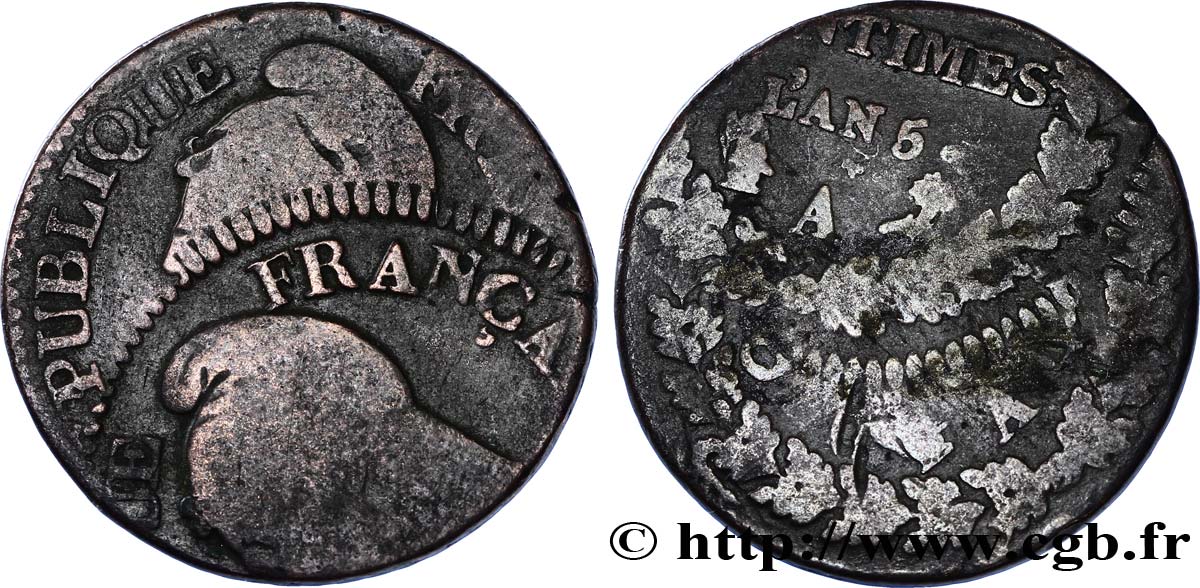 Cinq centimes Dupré, grand module, double frappe 1797 Paris F.115/1 var. B8
