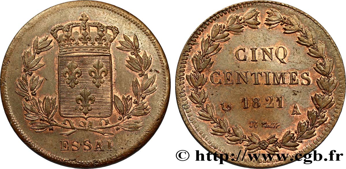 Essai de 5 centimes en bronze, exemplaire hybride 1821 Paris VG.2536  AU58 