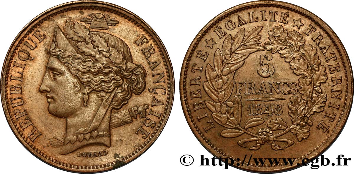 Concours de 5 francs, essai en cuivre par Domard, premier revers 1848 Paris VG.3071 var. SUP58 