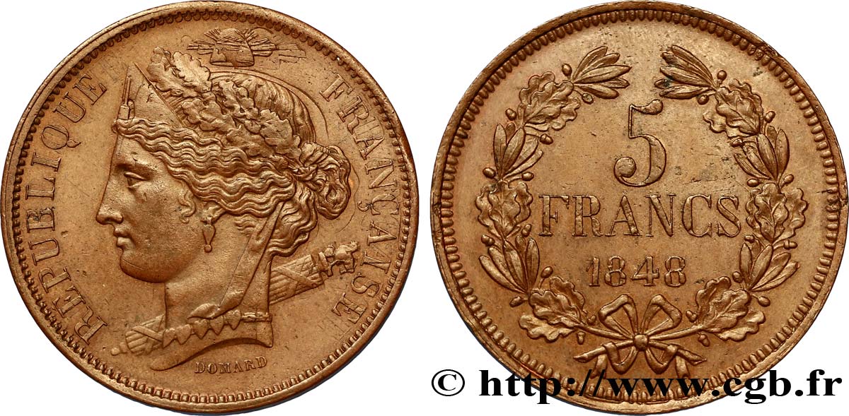 Concours de 5 francs, essai en cuivre par Domard, deuxième revers 1848 Paris VG.3071 var. SUP60
