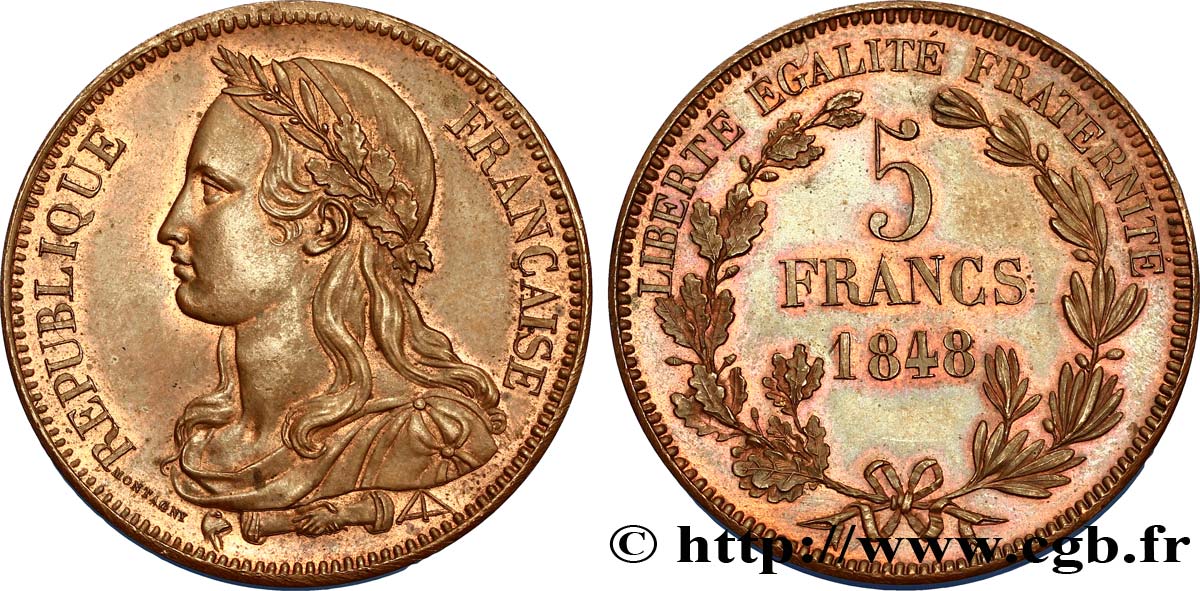 Concours de 5 francs, essai en cuivre par Montagny 1848 Paris VG.3086 var. MS60 