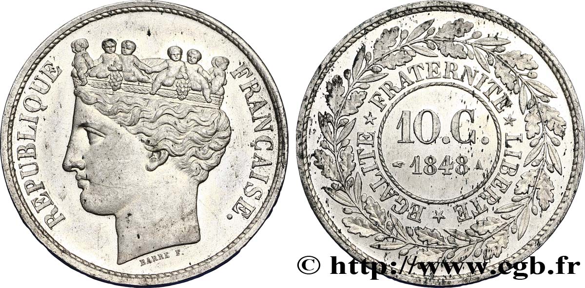 Concours de 10 centimes, essai en étain par Barre, premier avers 1848 Paris VG.3131  SUP60 