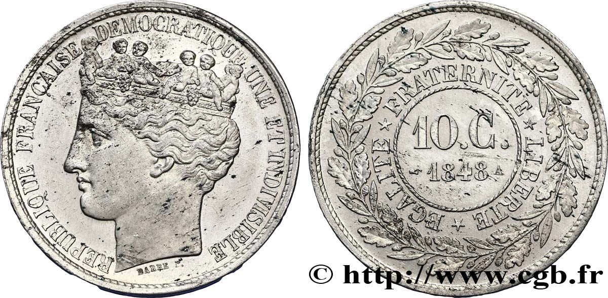 Concours de 10 centimes, essai en étain par Barre, second avers 1848 Paris VG.3132 var. MS60 