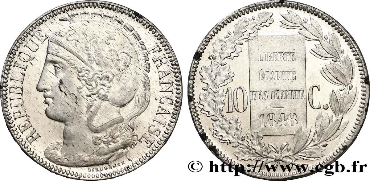 Concours de 10 centimes, essai en étain par Dieudonné 1848 Paris VG.3137 var SPL64