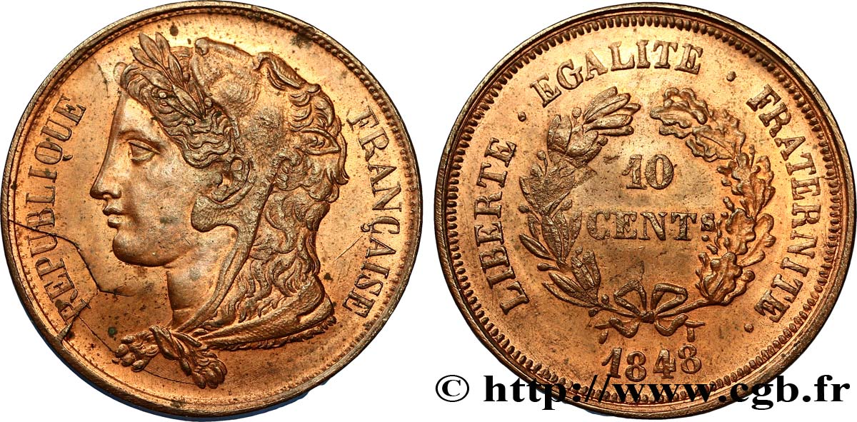 Concours de 10 centimes, essai en cuivre par Gayrard, deuxième concours, premier avers, troisième revers 1848 Paris VG.3142   AU58 
