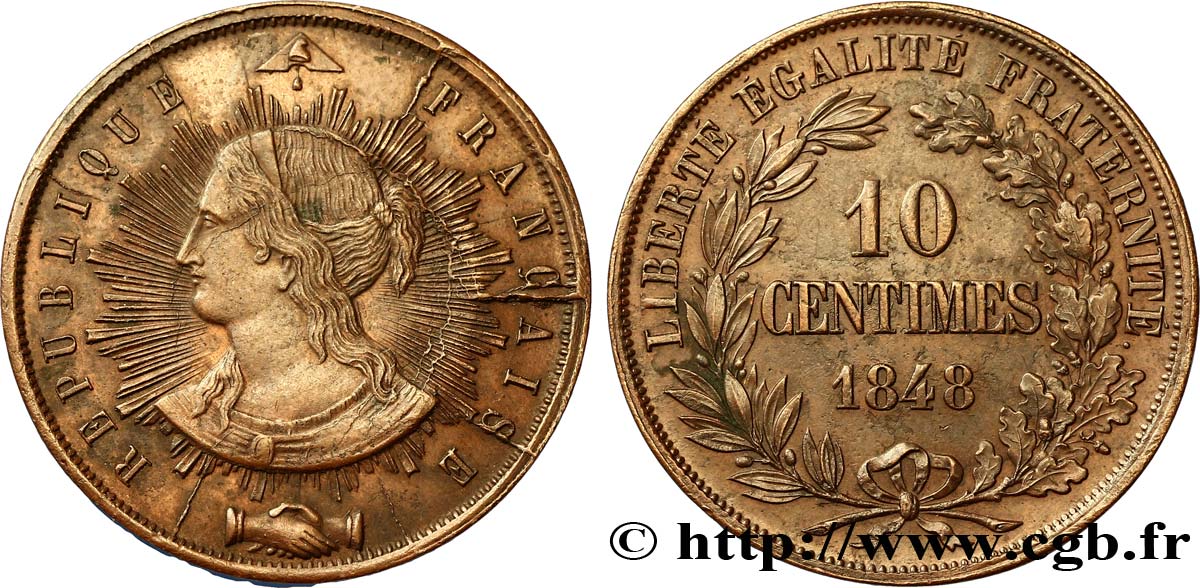 Concours de 10 centimes, essai en cuivre par Pillard, premier revers 1848 Paris VG.3185 var TTB50 