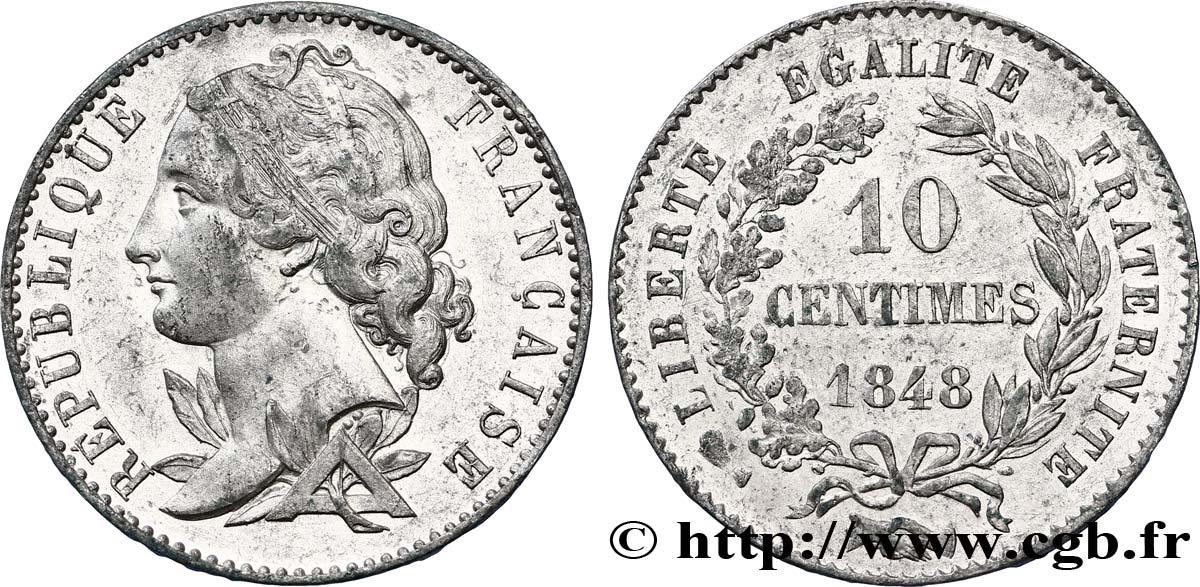 Concours de 10 centimes, essai en étain par Magniadas, premier revers 1848 Paris VG.3143 var. SUP55 