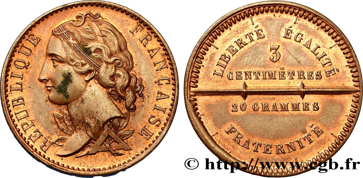 Concours de 10 centimes, essai en cuivre par Magniadas, cinquième revers 1848 Paris VG.3203  MS63 