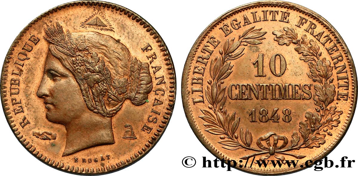Concours de 10 centimes, essai en cuivre par Rogat, premier concours, premier revers 1848 Paris VG.3169  SUP60 