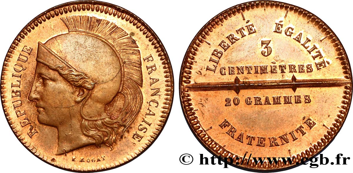 Concours de 10 centimes, essai en cuivre par Rogat, deuxième concours, cinquième revers 1848 Paris VG.3208 SPL63