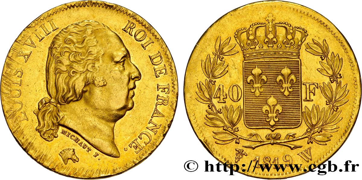 40 francs or Louis XVIII 1819 Lille F.542/9 SS48 