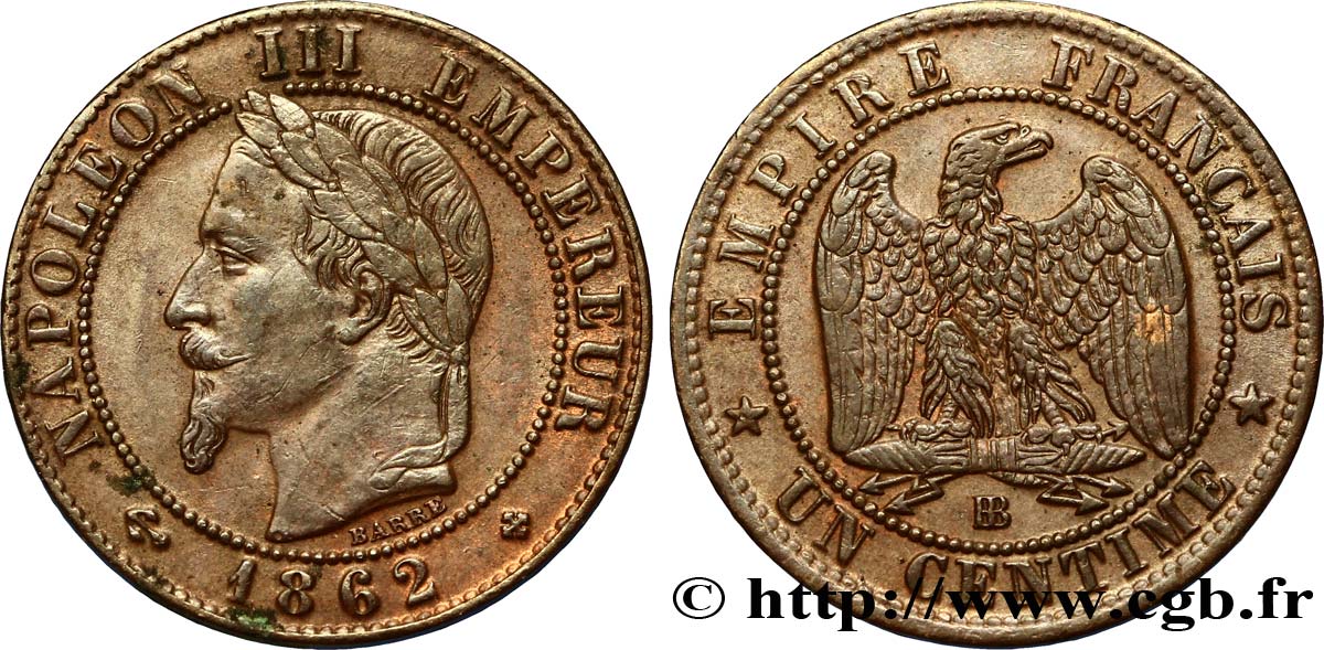 Un centime Napoléon III, tête laurée 1862 Strasbourg F.103/5 SUP55