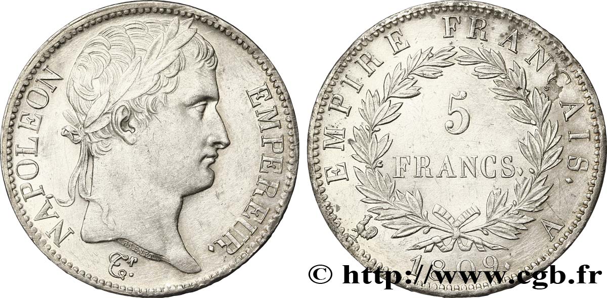 5 francs Napoléon Empereur, Empire français 1809 Paris F.307/1 SUP 