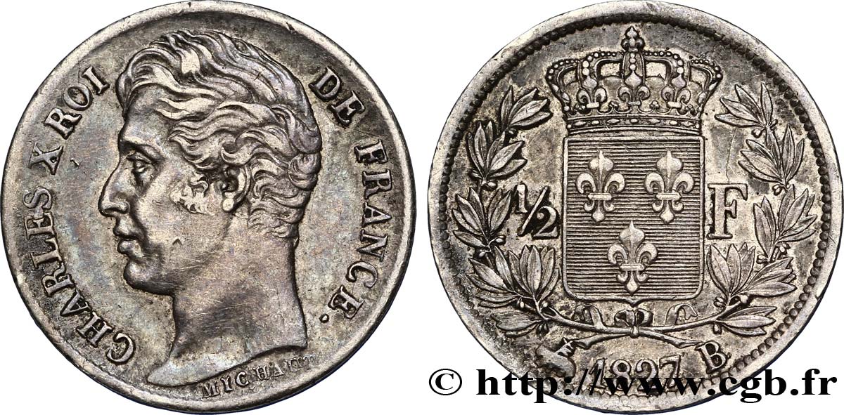 1/2 franc Charles X 1827 Rouen F.180/14 TTB45 