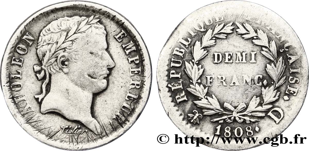 Demi-franc Napoléon Ier tête laurée, République française 1808 Lyon F.177/5 MB20 