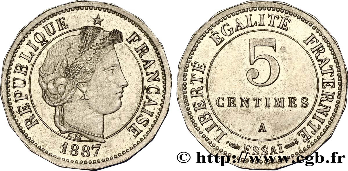 Essai de 5 centimes Merley, 16 pans 1887 Paris GEM.13 3 VZ58 
