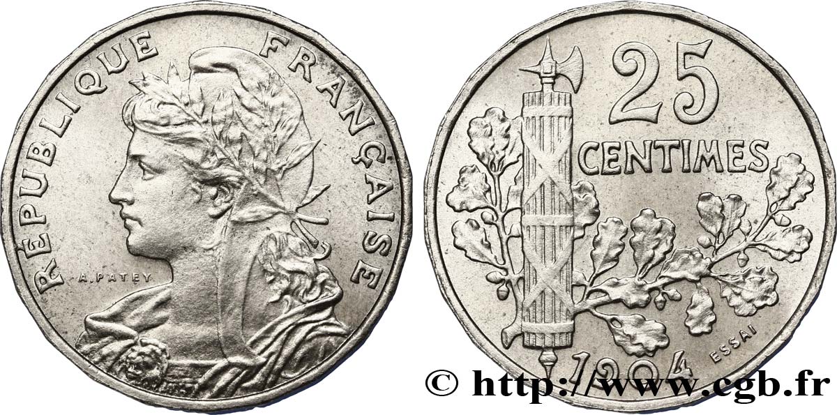 Essai de 25 centimes Patey, 2e type, tranche à 22 pans 1904 Paris GEM.62 6 MS63 