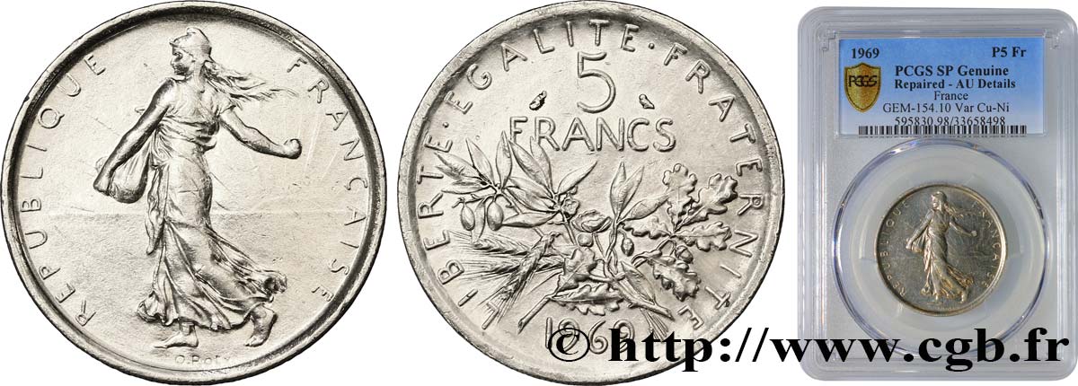 Pré-série de 5 francs Semeuse, légère, en Cupro-Nickel 1969 Paris GEM.154 10 AU PCGS