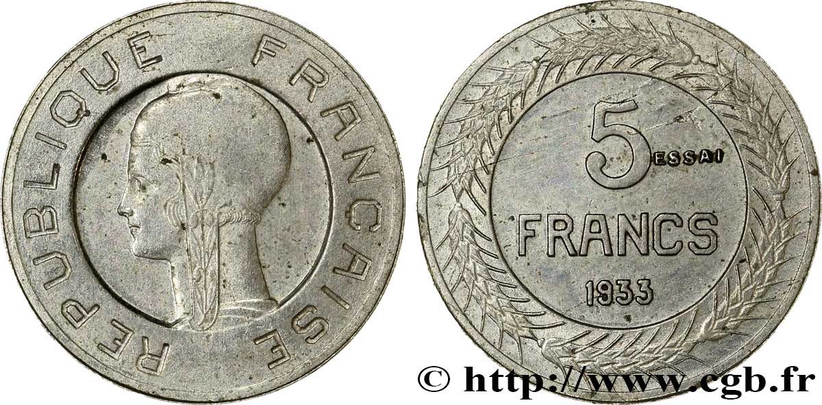 Concours de 5 francs, essai de Cochet, petit module 1933 Paris GEM.135  5 SUP62 
