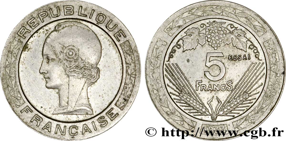 Concours de 5 francs, essai de Vézien, petit module, en maillechort 1933 Paris GEM.139 5 EBC62 