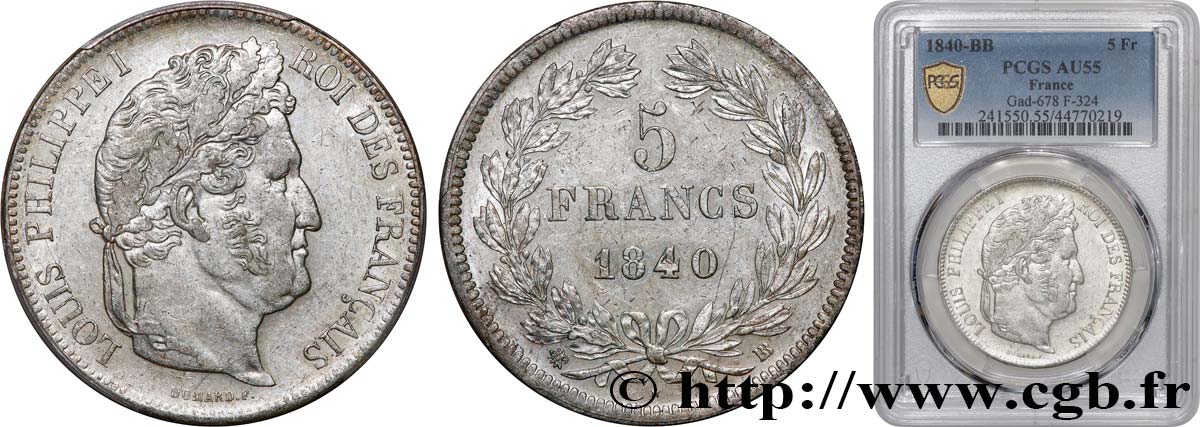 5 francs IIe type Domard 1840 Strasbourg F.324/85 AU55 PCGS