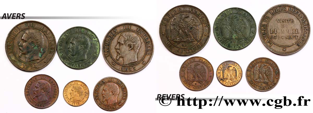 Lot de six monnaies en bronze Napoléon III, tête nue n.d. n.l. F.-/- MB/q.SPL 